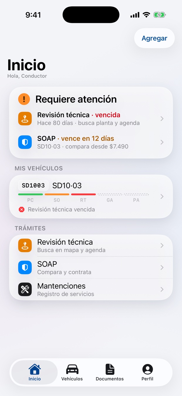 Inicio de la app con una alerta de documento vencido