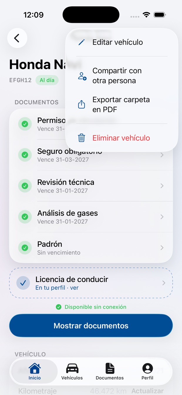 Menú del vehículo con Exportar carpeta en PDF