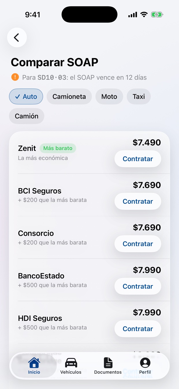 Comparador de SOAP en la app, con la patente del vehículo