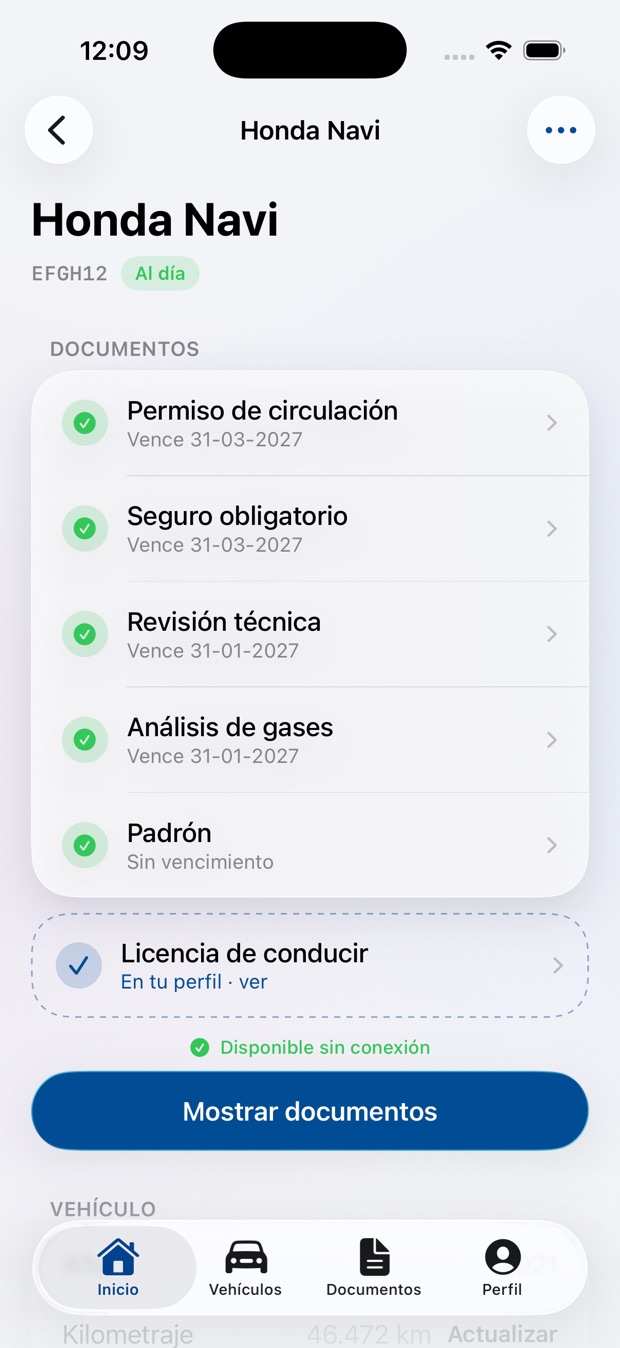 Ficha del vehículo con el botón Mostrar documentos, iPhone